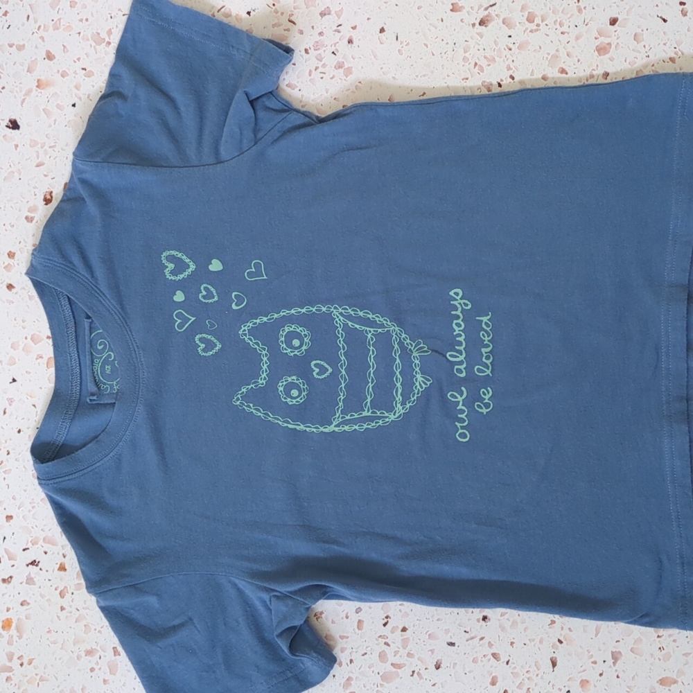 Bohemian Owl Short Sleeve T-Shirt Blue Aqua Artist Casual Love | 9-10 yr